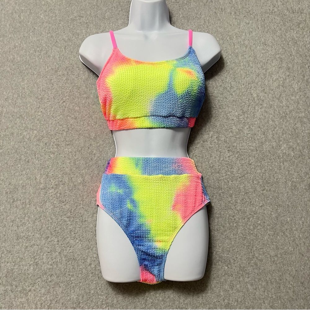 Cupshe Tie Dye Textured Scoop Neck High Waisted Bikini NWT Size Large Pastel - Picture 4 of 10